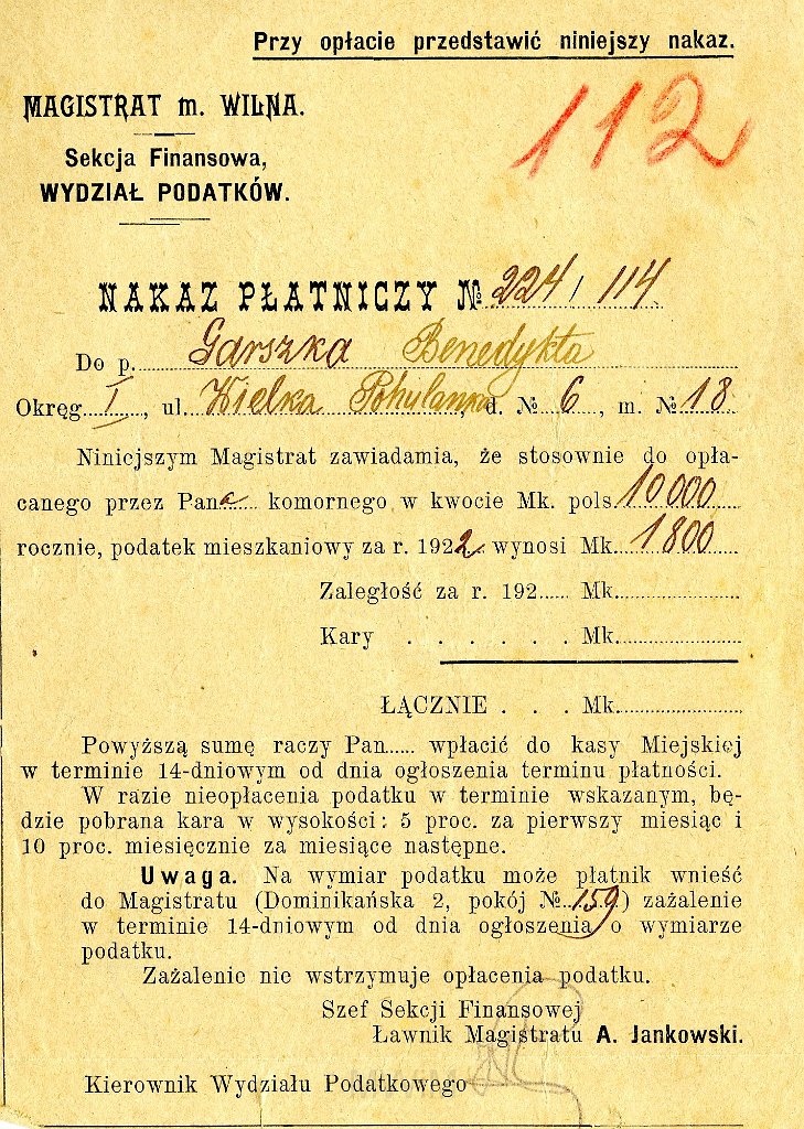 KKE 5741-1.jpg - Dok. Zaświadczenia wpłaty komornego dla Benedykta Graszko właściciela zakładu fryzjerskiego, Wilno, 2 X/XI 1922 r.